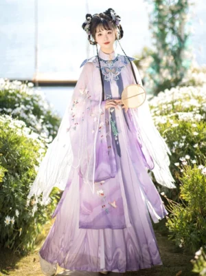 Light purple Jade Butterfly Ming Dynasty fairy cloak pleated skirt Hanfu set with floral and butterfly embroidery, flowing sleeves, and matching cloud collar