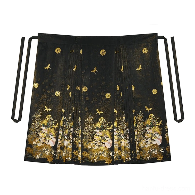 Black mamian skirt for Ming style Hanfu with delicate gold floral bird motifs jade peach spirit border print and waist ties