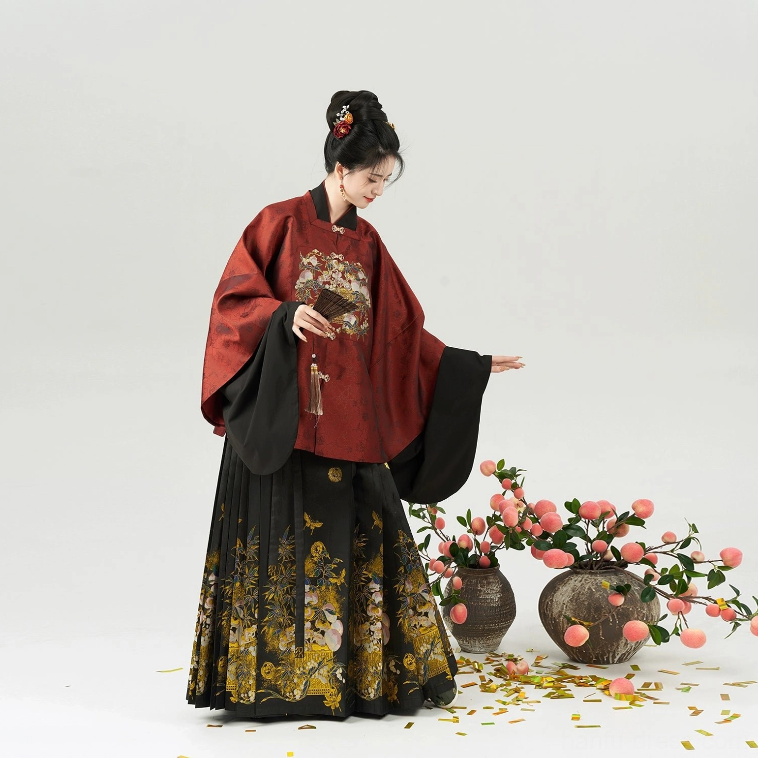 Jade Peach Spirit Ming Style Chinese New Year Hanfu Set with Mamian Skirt in elegant black colorway