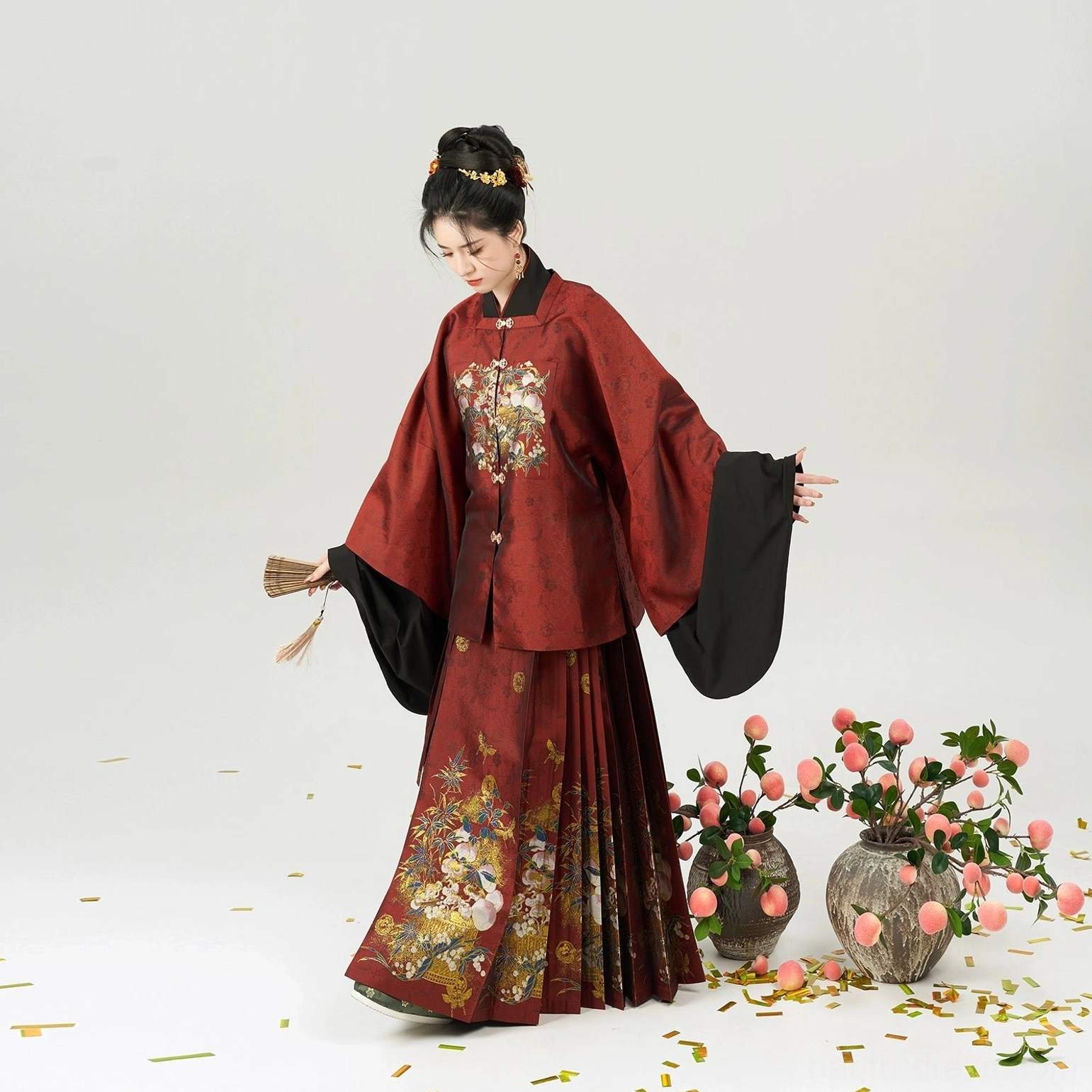 Jade Peach Spirit Ming Style Chinese New Year Hanfu Set with Mamian Skirt in festive red colorway