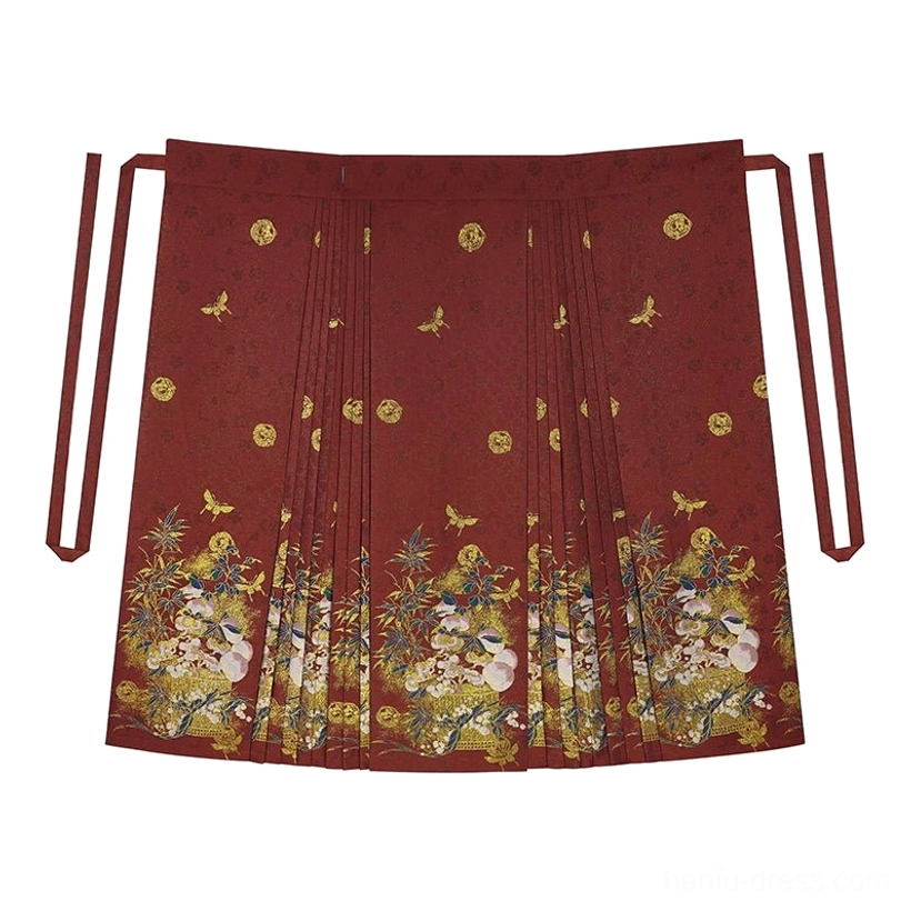 Wine red mamian skirt for Chinese New Year Hanfu with gold floral bird motifs jade peach spirit hem print and waist ties