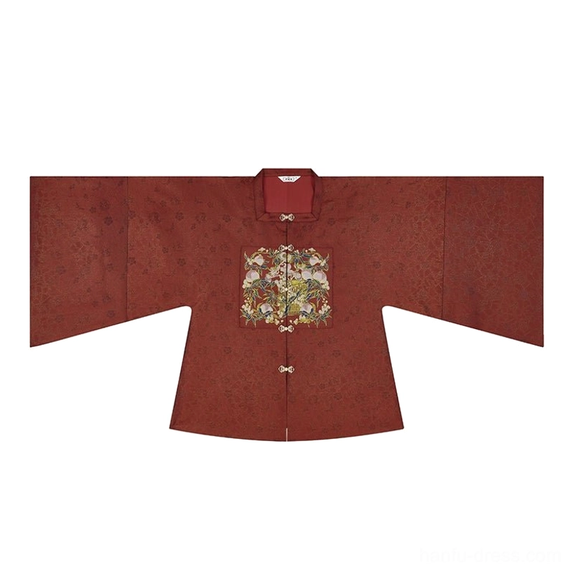Wine red Jade Peach Spirit square collar Hanfu top with woven brocade texture peach patch and traditional metal clasp closures
