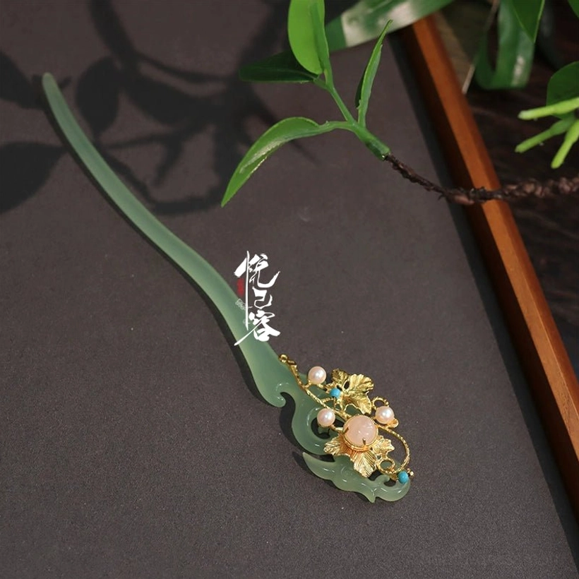 Carved jade green Hanfu hair stick with gold filigree pink gemstone and white pearl decorative accents