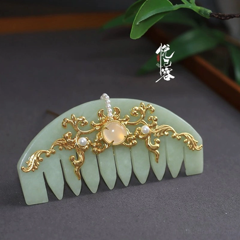 Jade green double pronged Hanfu tassel hairpin with gold flower ornaments white pearls and long dangling tassels