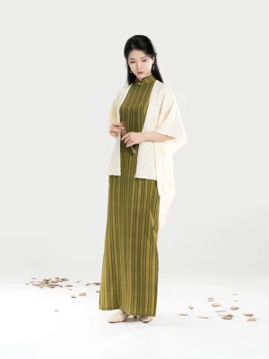 Jade Willow olive green striped qipao dress with off-white cloud motif merino wool shawl, full body front three-quarter view