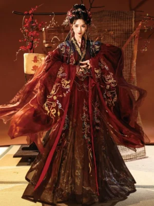 Jiangluoxian Wei Jin Dynasty qiyao ruqun Hanfu full set in deep wine red with gold cloud embroidery and flowing wide sleeves front three quarter view
