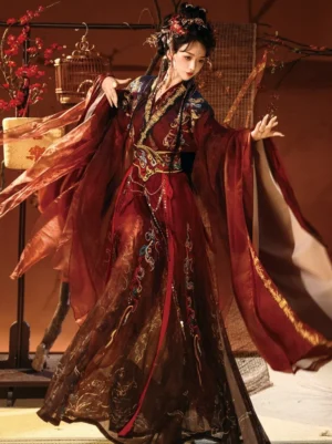 Side view of wine red Wei Jin Dynasty Hanfu qiyao ruqun with fluttering sheer sleeves embroidered waist seal decorative chain and gradient skirt