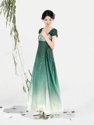 Women’s Jiangnan-inspired modern Hanfu gradient maxi dress in three-quarter side view with empire waist and willow decor