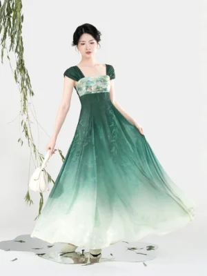 Jiangnan willow lake gradient modern Hanfu maxi dress shown in full side view with scenic printed bodice and flowing green ivory skirt