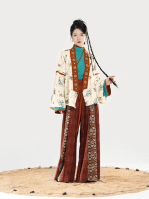 Full front view of a three-piece women’s modern Hanfu set inspired by Jin Dynasty clothing and Dunhuang murals, featuring a beige printed cross-collar outer top, teal inner top, and reddish-brown wide-leg pants