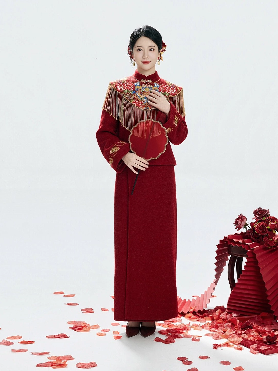 Close view of modern Chinese bridal hanfu stand collar jacket embroidered cuffs cloud collar and wine red skirt