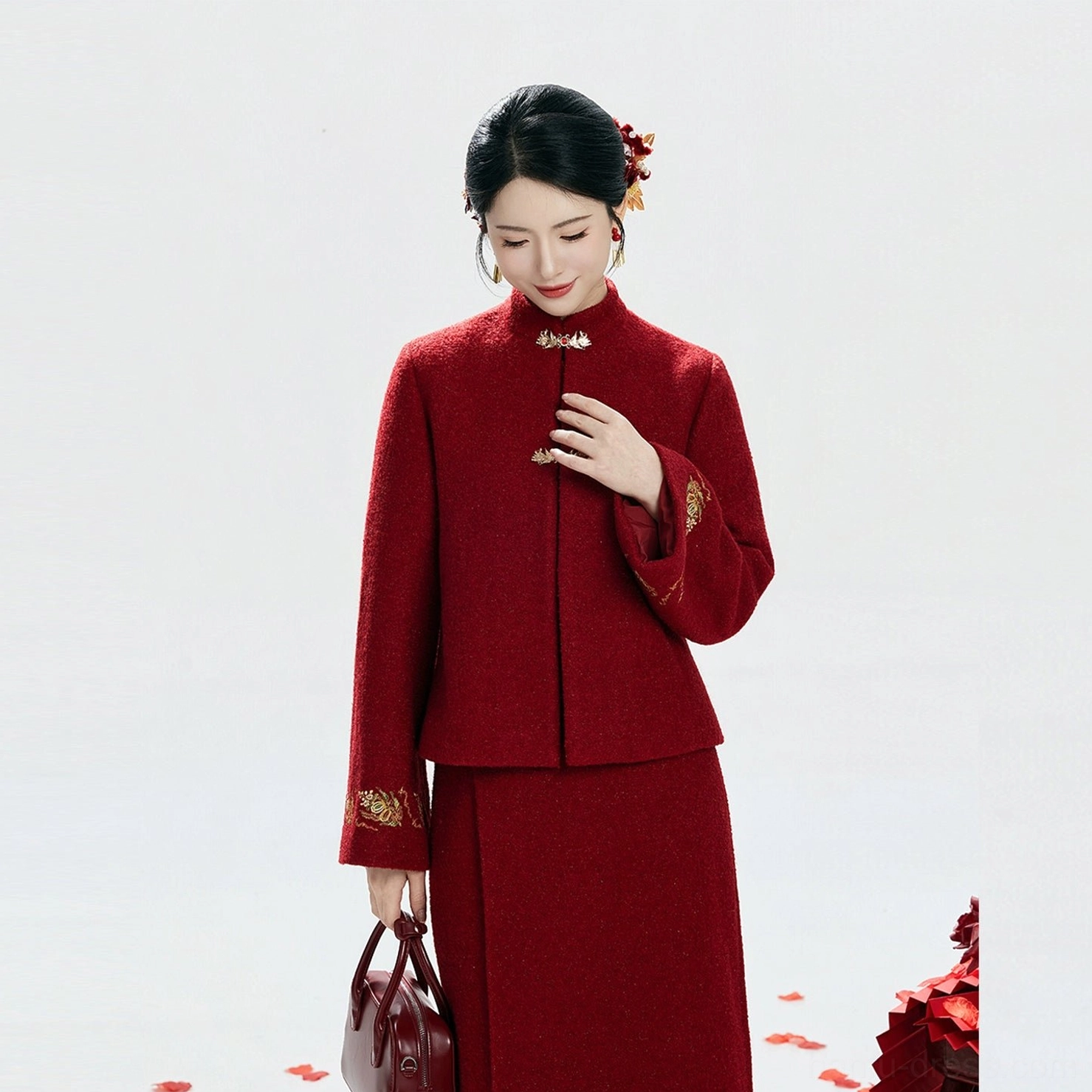 Wine red modern hanfu bridal jacket with traditional frog buttons stand collar and gold floral cuff embroidery