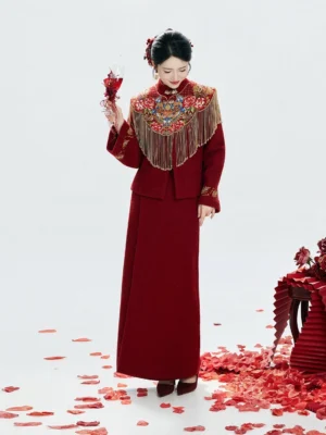 Wine red modern hanfu bridal tea ceremony full set with embroidered cloud collar golden tassels and long skirt front view