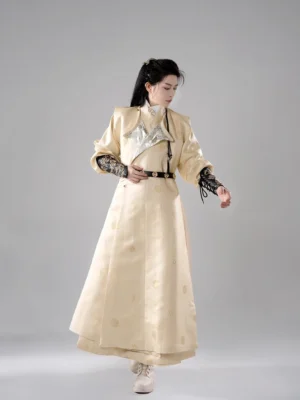 Jingling Tang Dynasty inspired male warrior hanfu robe complete set front view with beige gold jacquard robe black bracers and double fish belt