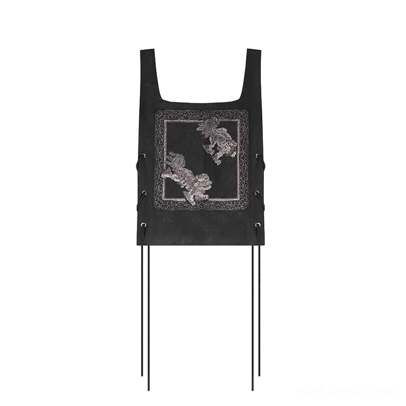 Flat lay of Jinwu black Hanfu vest with square Golden Crow bird embroidery, lace-up side straps and hanging ties