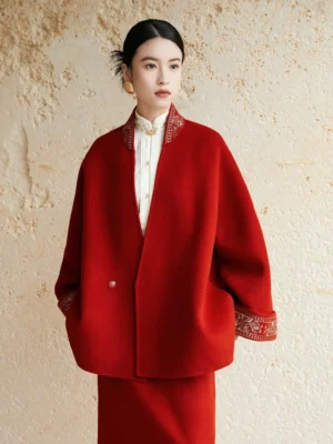 Close front view of jujube red Hanfu wool coat showing embroidered collar cuffs front closure and side pockets