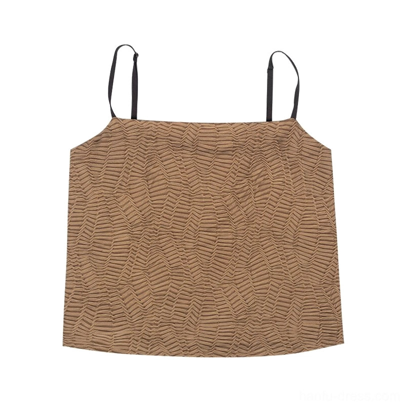 Flat lay view of khaki brown Hanfu camisole with leaf-like crinkled texture, black spaghetti straps, and square neckline