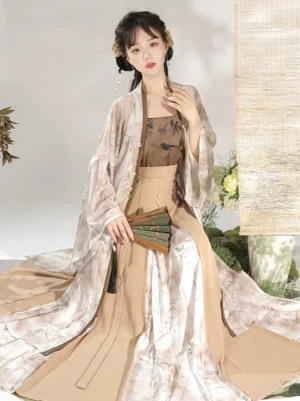 Khaki ink bamboo modern Song Dynasty Hanfu complete set with sheer bamboo print robe, brown camisole, and long tan high-waist skirt