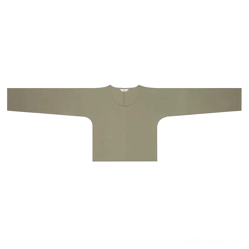 Flat lay of a khaki olive Hanfu inner shirt with round neckline, back slit, loose traditional wide sleeves, and simple plain fabric
