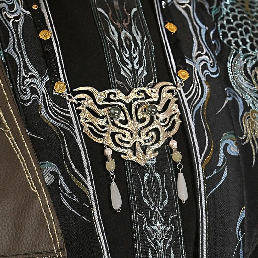 King Lanling inspired fantasy Xianxia Hanfu costume detail with black brocade fabric, silver embroidery and regal gold accents