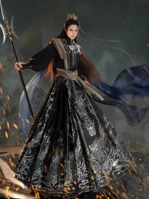 King Lanling fantasy Xianxia Hanfu complete set with black dragon embroidered mamian skirt, blue cloak, gold belts and warrior styling front view
