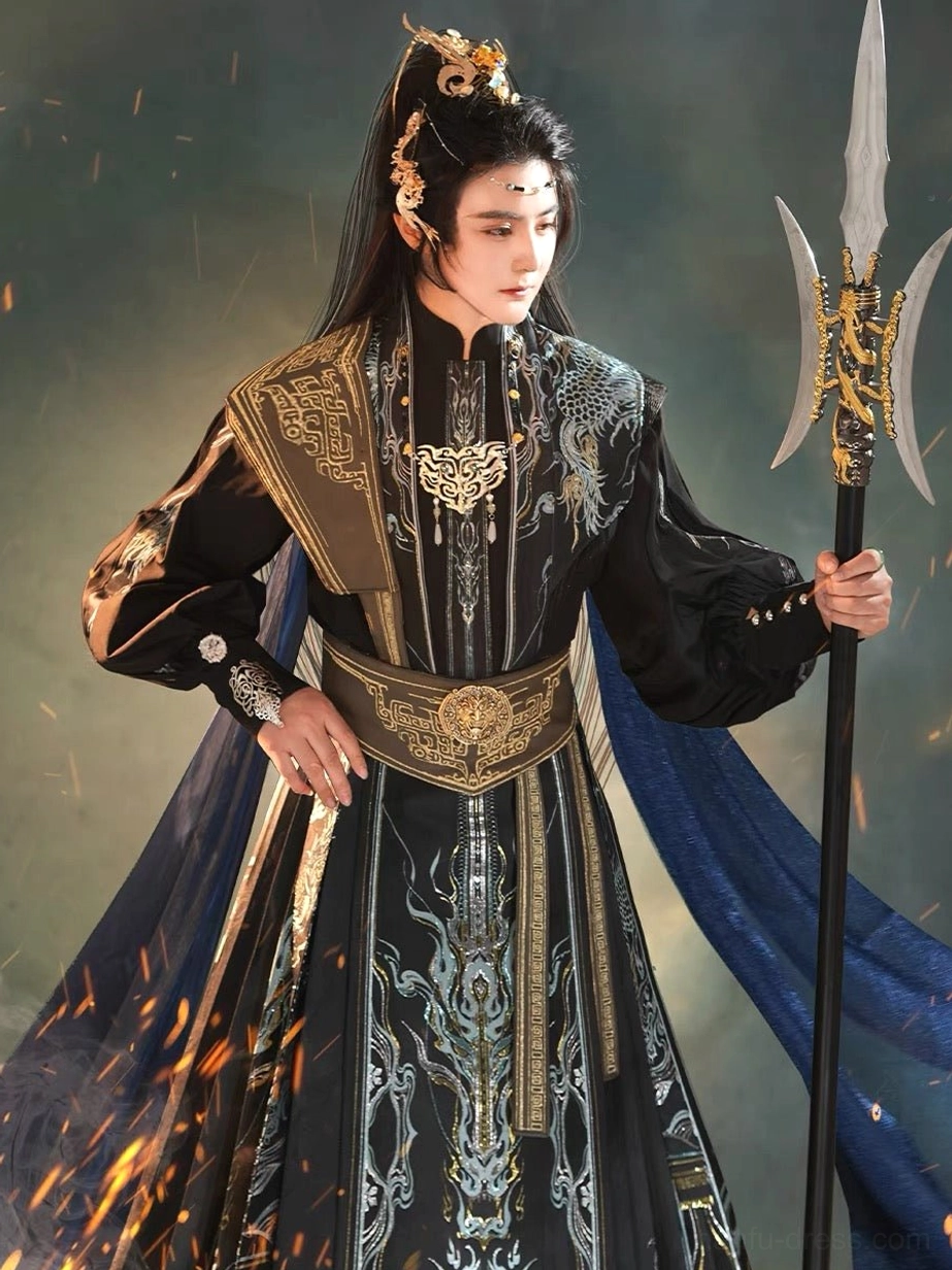 Full length King Lanling Hanfu complete costume with silver dragon flame embroidery, armored shoulders and deep blue cloak