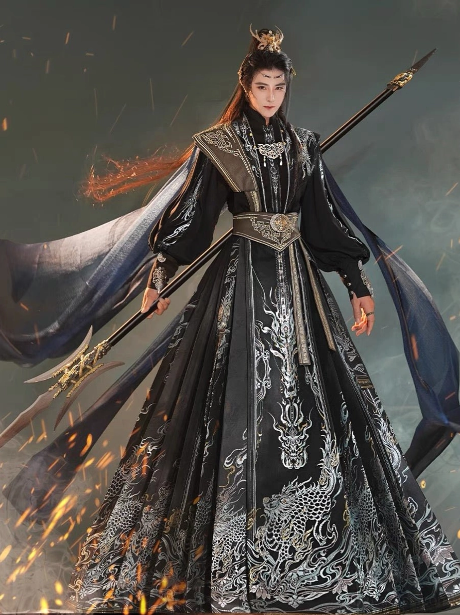 King Lanling inspired male fantasy Hanfu costume with silver mythical beast embroidery, layered standing collar and flowing blue cloak