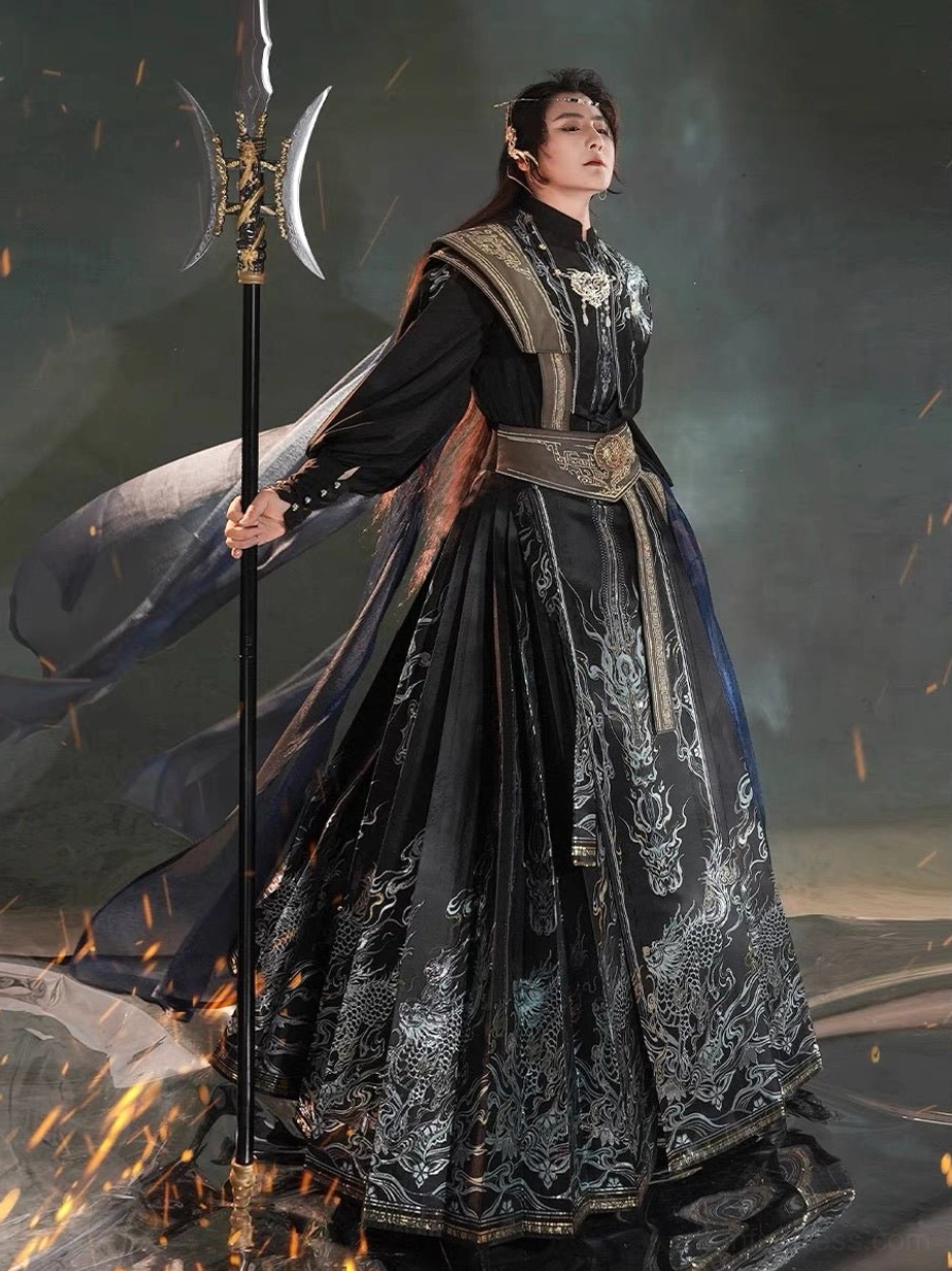 Side view of King Lanling Xianxia Hanfu with black horse face skirt, engraved gold waist belt and long blue fantasy cloak