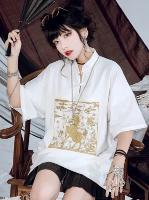 White Kirin embroidered modern Hanfu cotton linen shirt with gold qilin motif, stand collar and Chinese frog buttons styled in a retro Chinese interior