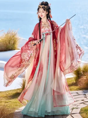 Front full-body view of Koi Goldfish Princess Tang Dynasty style Hanfu heziqun with embroidered wide sleeves and blue green gradient dress