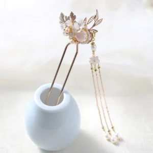 Left Kuifen Chinese hair stick for Hanfu with rose gold floral ornament opal style stone pearl drops and long beaded tassel