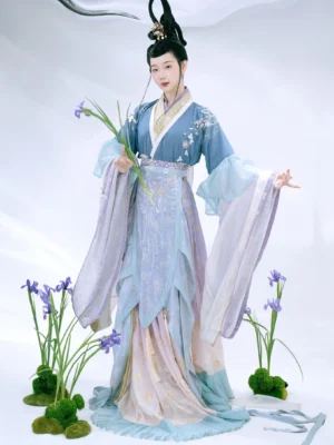 Full-length front view of Lady Xiang Wei-Jin Dynasty Qiyao Ruqun Hanfu with blue lavender pink gradient colors, floral embroidery, wide flowing sleeves, trailing skirt, and traditional Chinese styling