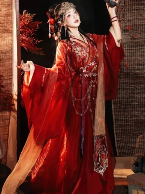 Lady Yu Han Dynasty Hanfu scarlet wedding robe complete set with golden floral embroidery and flowing wide sleeves front view