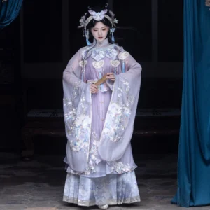 Full body view of a Lady Yu inspired Ming Dynasty Hanfu set with lavender embroidered robe, flowing sleeves, cloud collar, bijia vest, belt, and mamian skirt