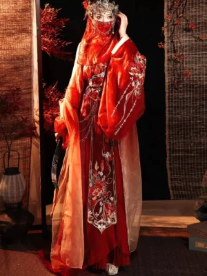 Red Han Dynasty Hanfu straight hem bridal robe with face veil embroidered bodice and layered flowing skirt front view