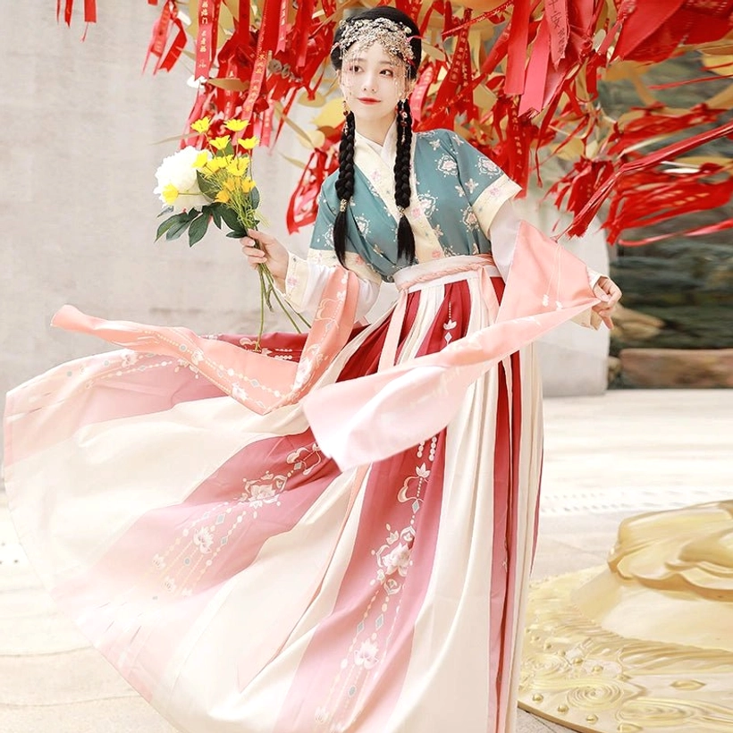 Lantern Fate Emerald Tang Dynasty Hanfu complete set with teal beizi pink trim embroidered red cream pleated ruqun skirt and yellow flowers