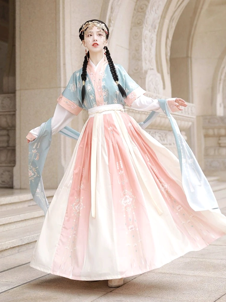 Lantern Fate Green Tang Dynasty Hanfu complete set with teal beizi style half-sleeve top and soft pink cream pleated qiyao ruqun skirt