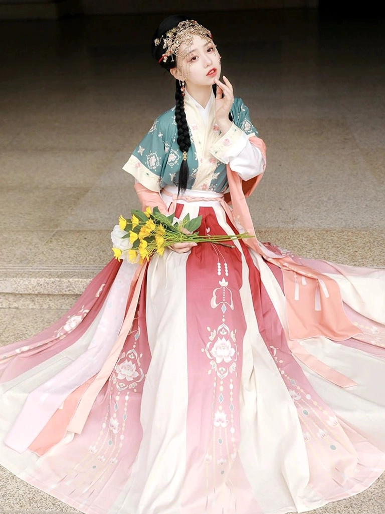 Tang Dynasty Hanfu Lantern Fate complete set front view with teal half-sleeve outer top dark red embroidered skirt panel and high waist sash