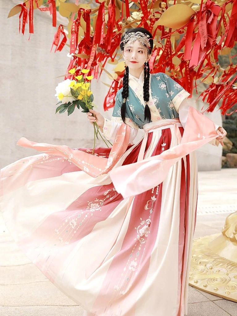 Lantern Fate Tang Dynasty Hanfu beizi qiyao ruqun set with teal half-sleeve top and embroidered pink cream red pleated skirt front view
