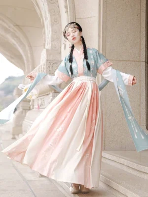 Tang Dynasty inspired Lantern Fate Hanfu set side view featuring teal half-sleeve beizi pink trim and flowing pink cream pleated ruqun skirt