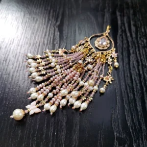 Close view of the detachable tassel pendant for large butterfly Hanfu hairpin featuring pearl beads central gem and ornate vintage metal filigree