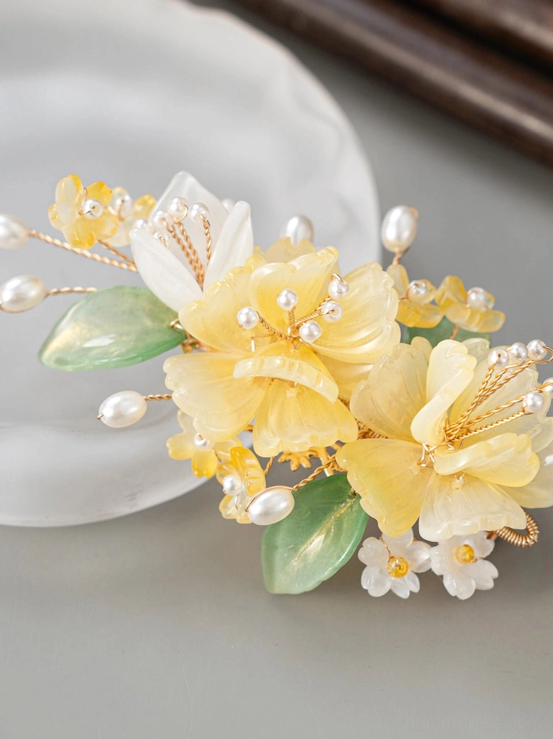Large statement yellow floral Hanfu hairpin with oversized blossoms tiny white daisies faux pearls green resin leaves and gold accents