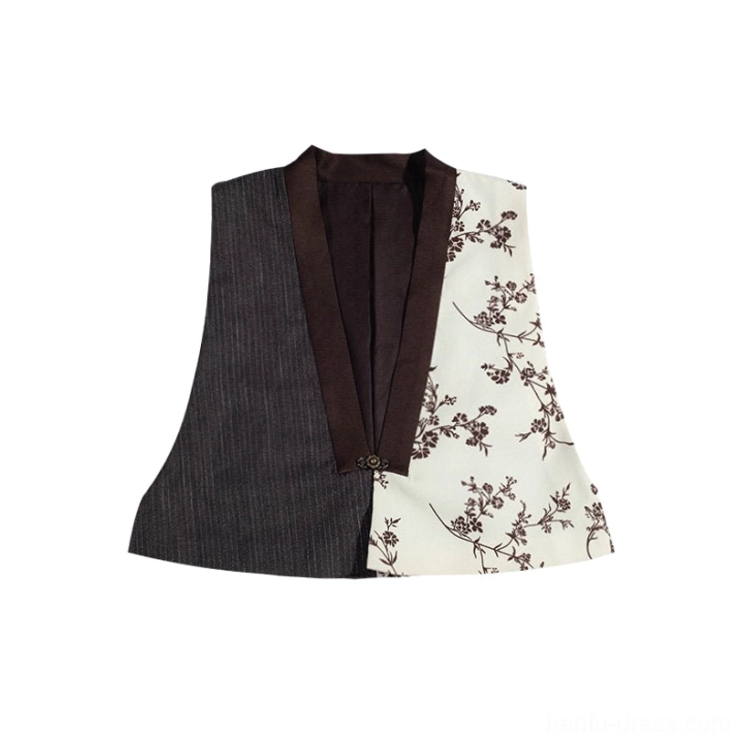 Brown pinstripe and floral patchwork V-neck Hanfu vest with contrast trim and vintage button closure flat lay