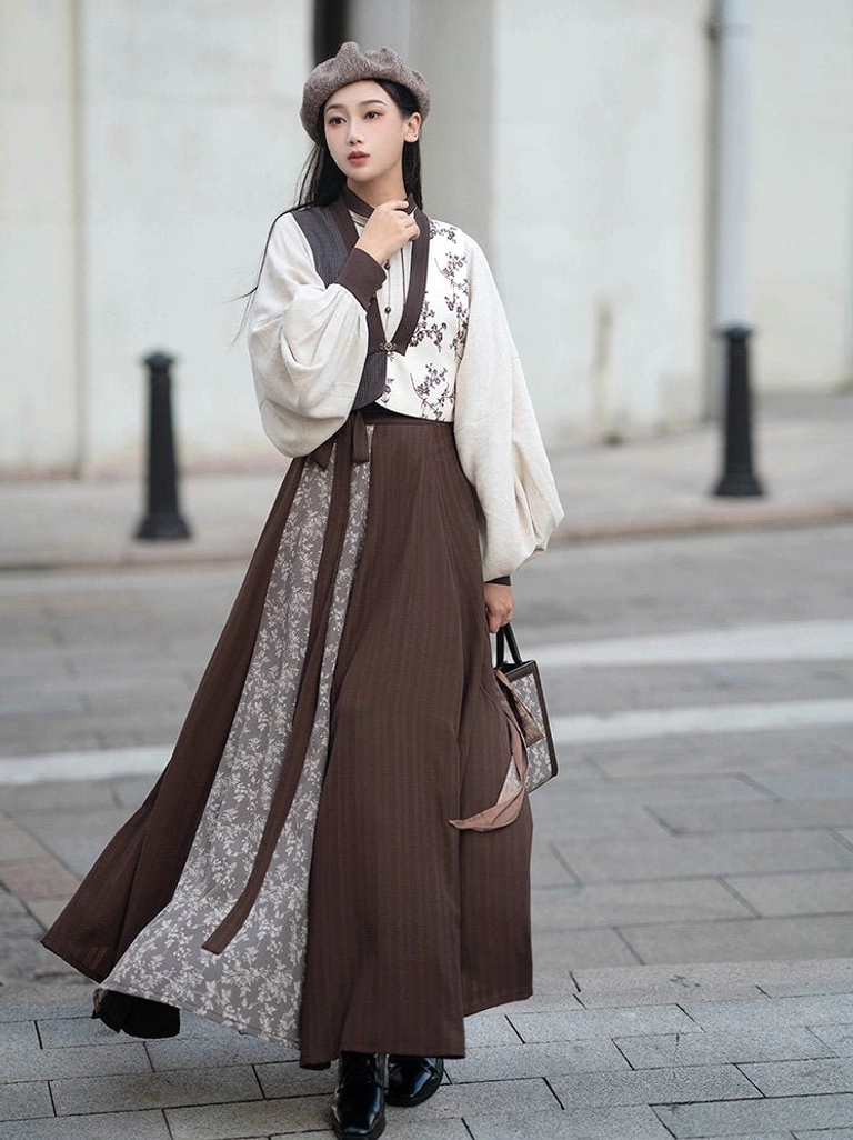 Full front street style view of Late Autumn Song-inspired Hanfu blouse vest and high waist eight-panel skirt outfit