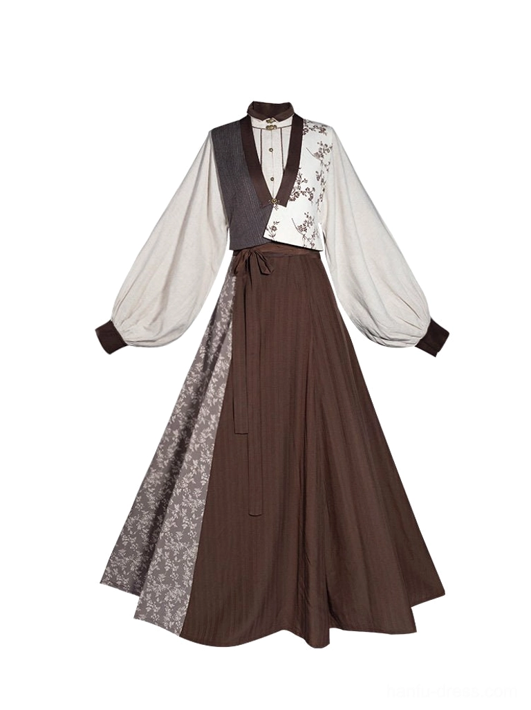 Flat lay of Late Autumn Song-inspired Hanfu outfit showing patchwork vest stand collar blouse and eight-panel wrap skirt