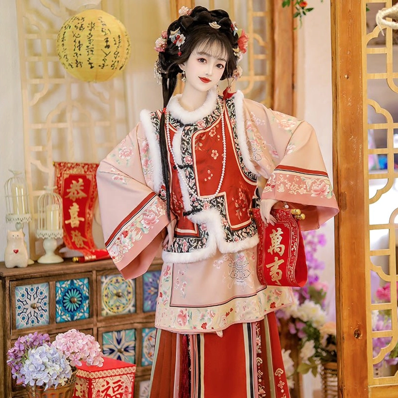 Red Late Qing Dynasty Han women embroidered vest winter outfit with plush collar trim traditional festive hairstyle and embroidered handbag