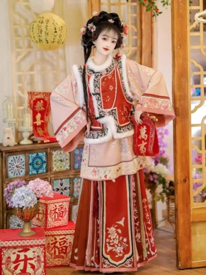 Red Late Qing Dynasty Han women winter outfit with floral embroidered vest plush collar trim and matching traditional handbag for Lunar New Year styling