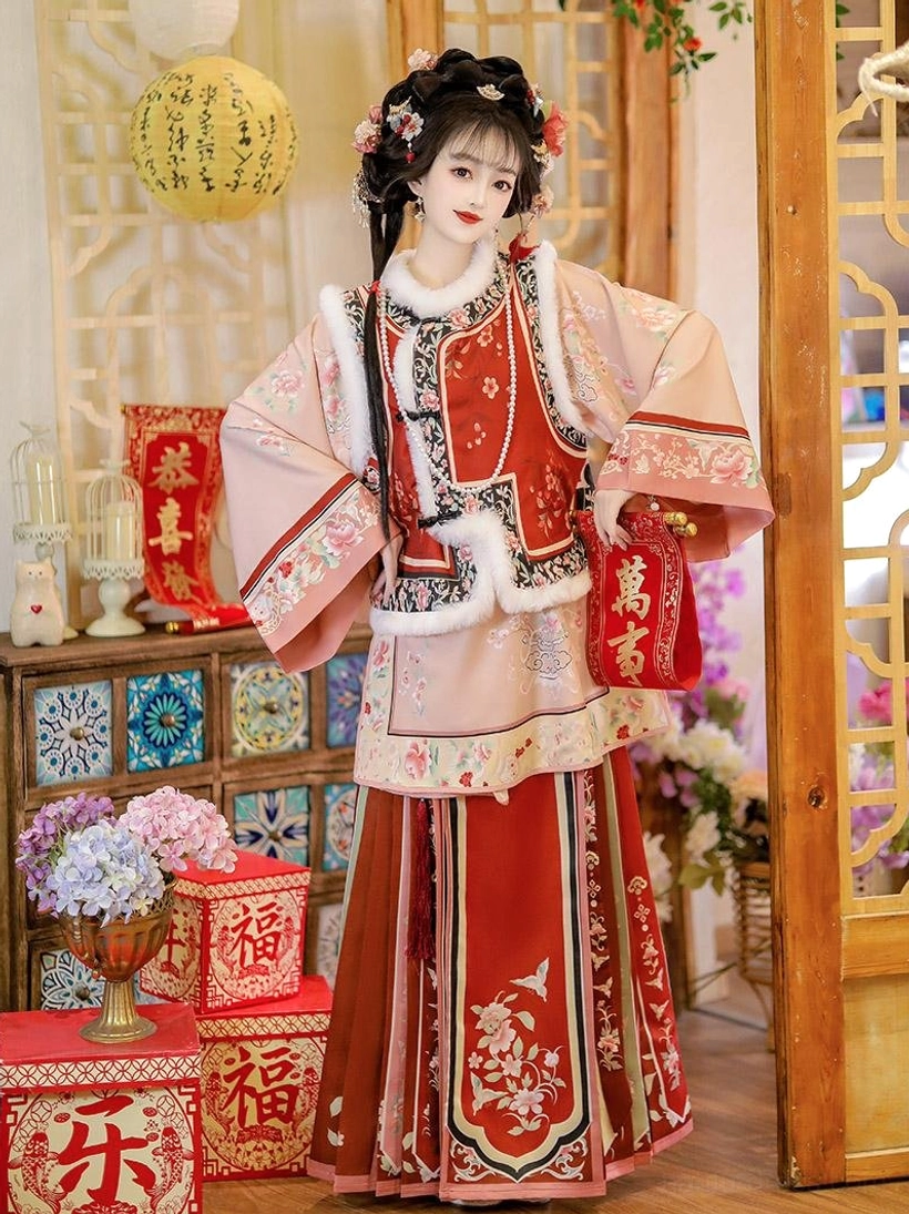 Red Late Qing Dynasty Han women winter outfit with floral embroidered vest plush collar trim and matching traditional handbag for Lunar New Year styling