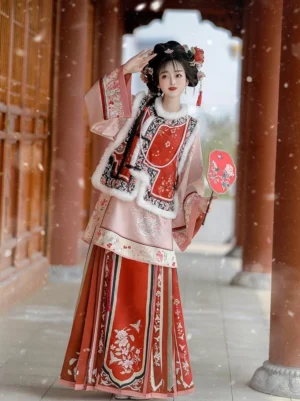 Late Qing Dynasty Han women winter outfit in pink red and beige with embroidered vest floral skirt and plush collar trim in a snowy traditional courtyard