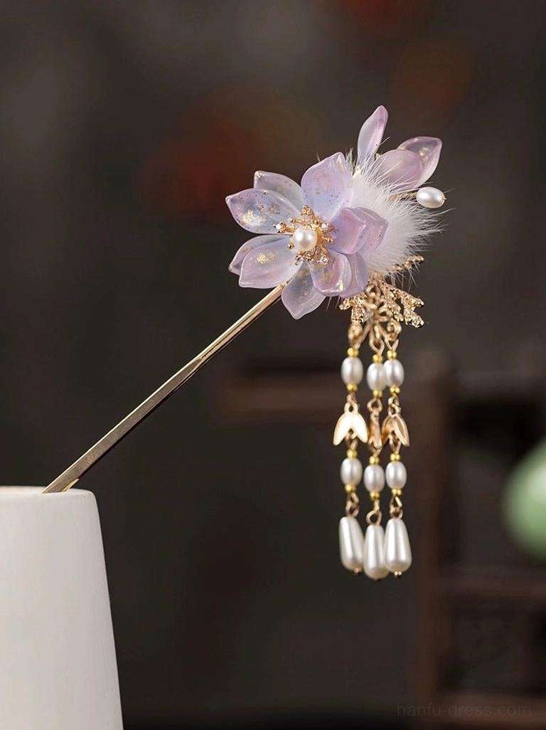 Long lavender floral Hanfu hairpin with white feather, faux pearl and gold-tone leaf tassel pendant